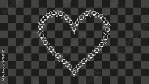 Outline heart shape created using sparkling clear diamonds or gemstones, brilliant crystal jewelry border decoration, isolated on transparent background, luxury wedding design element