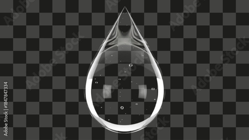 Realistic clear water drop with small bubbles inside, transparent pure liquid hanging, condensation element design, ideal for cosmetic, hygiene, or beauty product packaging