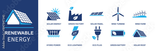 Renewable energy icon set. Containing solar energy, green factory, solar panel, wind turbine, wind farm, hydro power, eco lightning, eco plug, green battery, solar roof and more. Solid vector icons