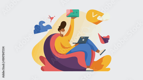 Relaxed woman sitting on bean bag chair with laptop and smartphone surrounded by colorful abstract shapes