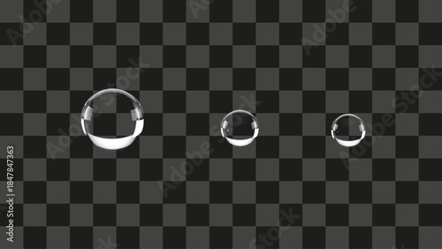 Three realistic transparent water droplets, clear liquid moisture beads, glossy sphere shape, rain condensation macro vector