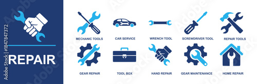 Repair icon set. Containing mechanic tools, car service, wrench tool, screwdriver tool, repair tools, gear repair, tool box, hand repair, gear maintenance, home repair and more. Solid vector icons