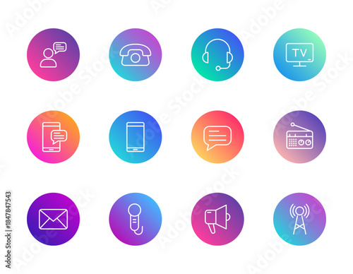 Communication, media, broadcasting. Vector set of 12 round gradient icons featuring phone, speech bubble, radio, and tower for UI, messaging, and digital design.