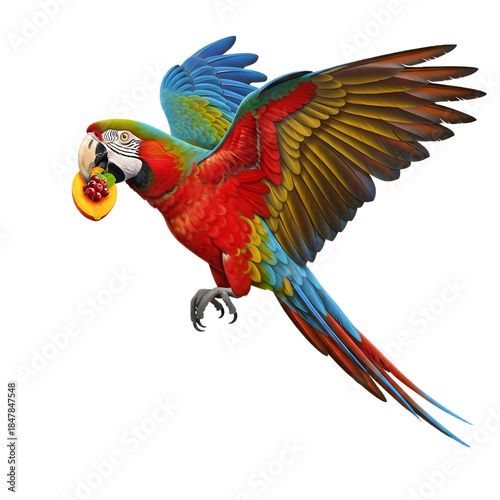 Vibrant macaw parrot with brilliant red blue and yellow plumage flies while clutching a ripe peach and small berries in its beak against black