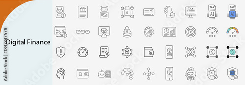 digital finance and fintech icons, minimal line vector set