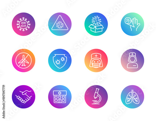 Covid-19, healthcare, protection. Vector set of 12 round gradient icons featuring virus, nurse, lungs, and microscope for medical UI and public awareness design.