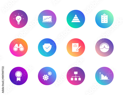 Business, productivity, organization. Vector set of 12 round gradient icons featuring chart, gears, clipboard, and pyramid for UI and strategy design.