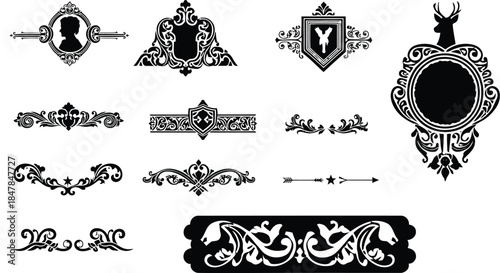 A vast collection of black silhouette ornate frames, decorative dividers, and unique emblems, including a deer head, offering versatile regal design elements.
