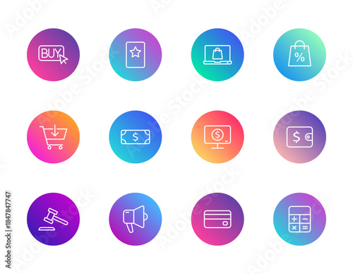 E-commerce, finance, shopping. Vector set of 12 round gradient icons featuring cart, wallet, credit card, and calculator for UI and store design.