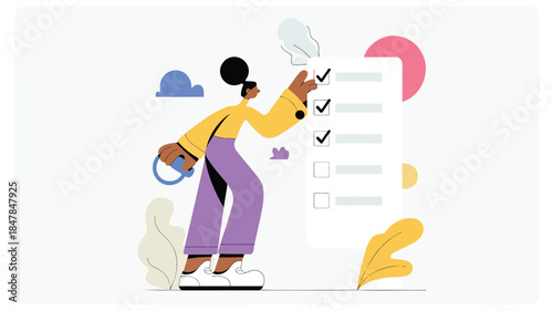 A woman with a checklist on a large piece of paper standing and checking boxes with a pen in her hand and a mug in the other with colorful