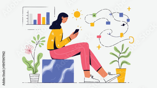 Calm female user sits on blue block with phone surrounded by plants and colorful abstract shapes and graph