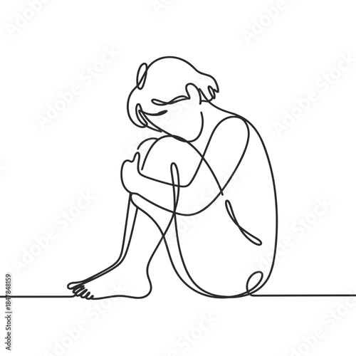 A continuous line drawing portrays a solitary figure sitting in a fetal position, evoking feelings of contemplation or sadness