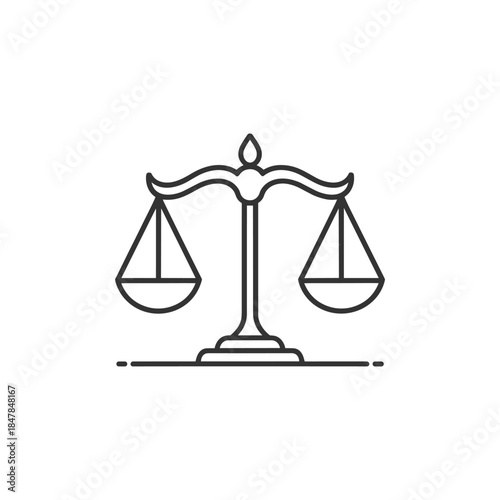 A modern line art icon depicts a perfectly balanced scale, representing justice, equality and fair decision-making