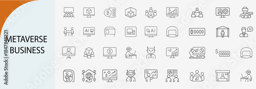 metaverse business icon set with virtual collaboration and blockchain tools, minimal line vector design
