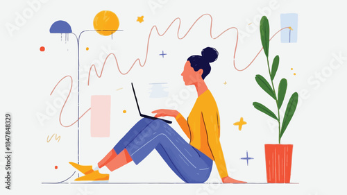 A woman sits on floor with laptop surrounded by colorful abstract shapes and plant