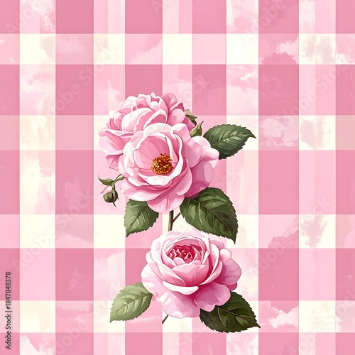 Pink roses with green leaves against a pink/white plaid backdrop, digitally rendered