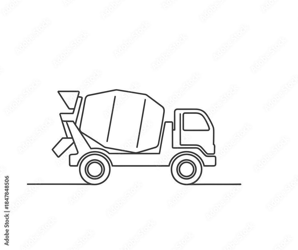 Fototapeta premium Concrete Mixer Truck Moves Smoothly Along a Construction Site in Bright Daylight, Ready to Supply Vital Materials for Building Projects. One line on white. 