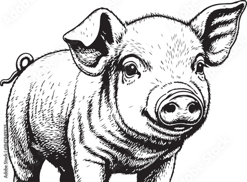 close up detailed realistic drawing of young piglet with snout and ears on transparent background