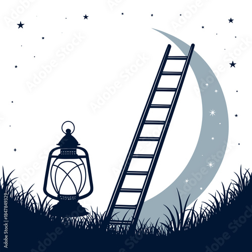 ladder leaning on moon with lantern silhouette logo vector line art logo design
