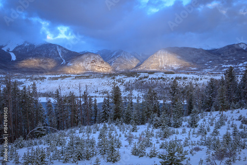 magical morning glow on mountain lake winter landscape