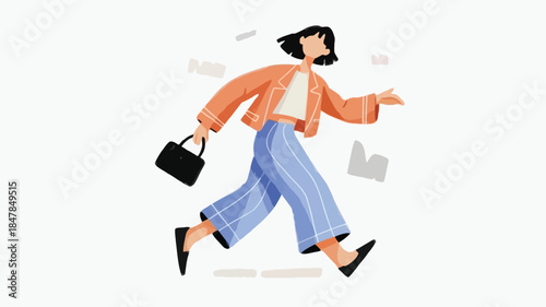 Fashionable young woman walking with briefcase, stylish outfit, orange jacket, blue jeans, black shoes, dynamic pose, minimalistic