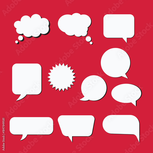 Set of Modern White Speech Bubbles on Red Background