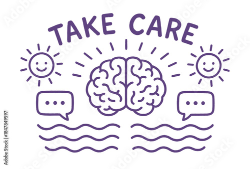 Take care with brain, smiling suns, and speech bubbles