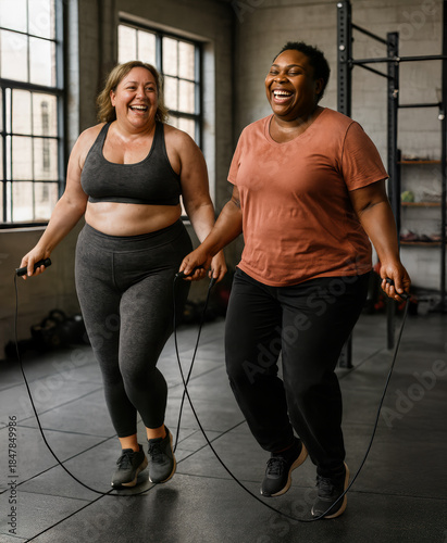 Two women laughing while jumping rope during a workout at the gym
