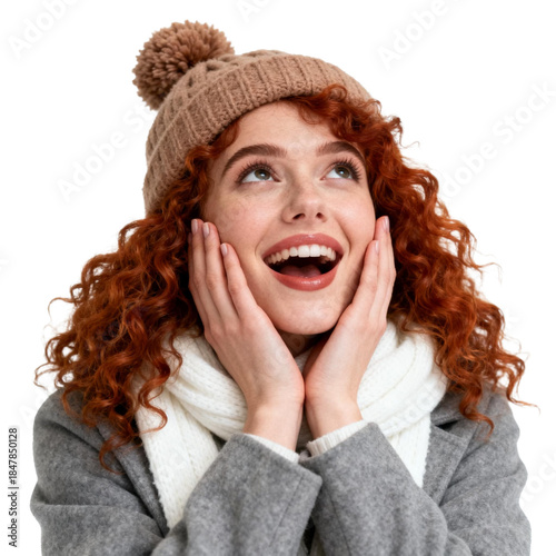 [Transparent Background PNG]Joyful Woman in Winter Attire with Curly Red Hair