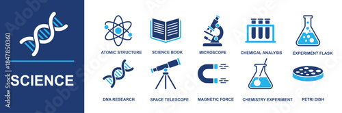 Science icon set. Containing atomic structure, science book, microscope, chemical analysis, experiment flask, DNA research, space telescope, magnetic force, chemistry experiment, petri dish and more. 