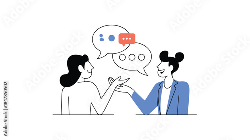 Two businesswomen engaged in a conversation with speech bubbles indicating communication
