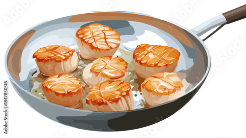 Vector illustration of seared scallops in a stainless steel pan isolated on a white background