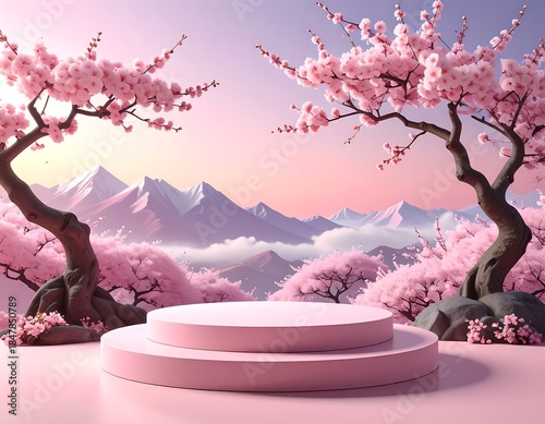 Pink stage under cherry blossom trees, with distant mountains beneath a pastel sky, exudes serene beauty and tranquility
