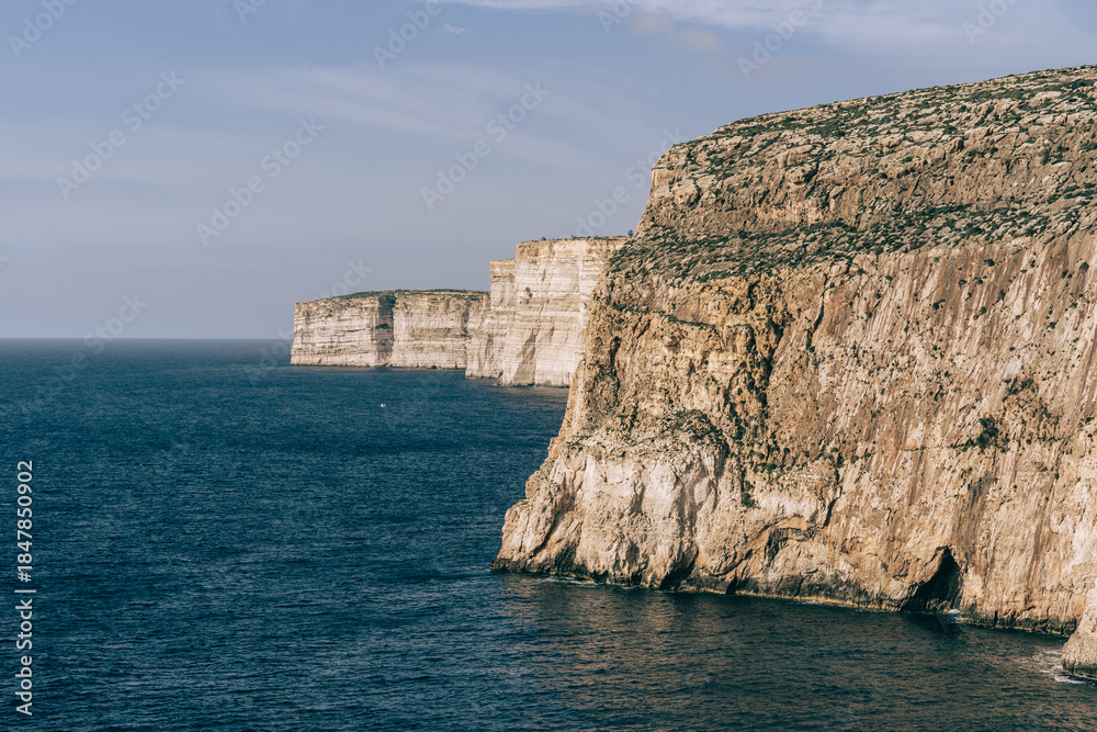Fototapeta premium View on the impressive Dingli Cliffs on Gozo, Malta, overlooking the Mediterranean Sea.