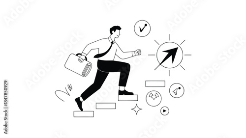 A minimalist illustration of a businessman stepping up with briefcase, symbolizing career advancement and success