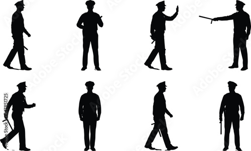 Police officer silhouettes set, policeman patrol, security, law enforcement, authority, safety, walking, standing, traffic control, vector.