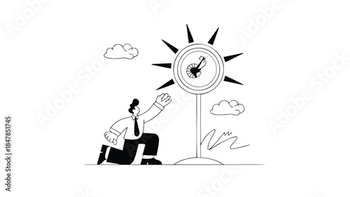 Businessman reaches for clock on sun symbol with clouds and grass in black and white vector illustration