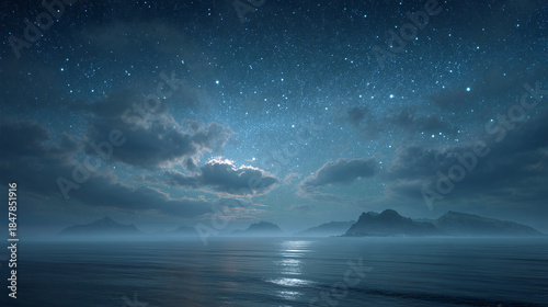 A breathtaking night landscape over the sea with a starry sky and clouds