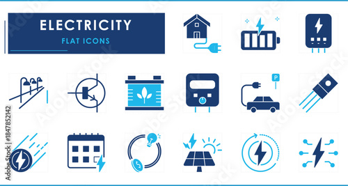 A set of flat icons related to Electricity. Component, bill, house, green energy, vehicle, street, and so on.