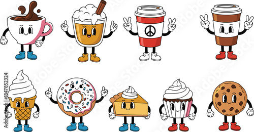 Retro cartoon coffee and bakery character set with vintage mascots including coffee cups donuts cookies and cupcakes for cafe branding and nostalgic designs
