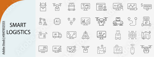 smart logistics and supply chain icons, minimal line vector set
