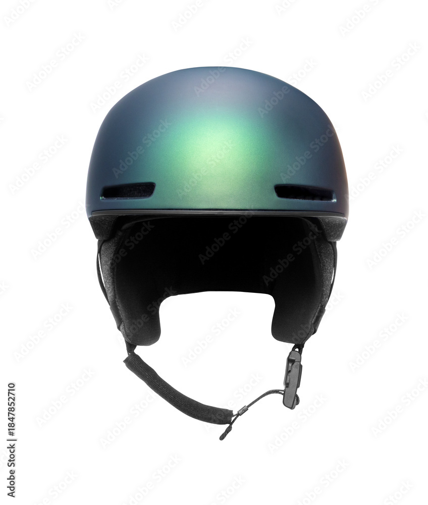Fototapeta premium Modern protective ski helmet front view close-up isolated on white background