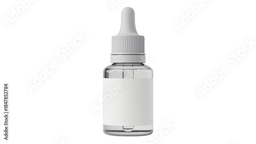 Clear glass dropper bottle with white label on white background