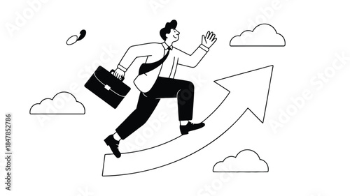 A businessman in a suit and tie runs up an arrow with clouds and a coin, symbolizing career growth and financial