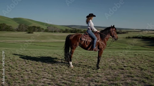 Young adult woman in western wear sitting on her horse, looking over rolling green hills under a clear blue sky, capturing the freedom and connection to nature of the ranch lifestyle