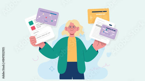 A cheerful businesswoman juggles multiple documents and charts with ease and confidence in a colorful flat vector