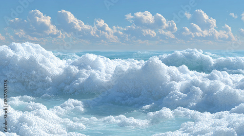 A picturesque view of a sea of clouds with the sky in the background. The clouds look soft, and fluffy