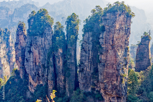 Natural quartz sandstone columns from the Tianzi Mountains (Avatars Mountains) in Zhangjiajie National Forest Park in Hunan, China.