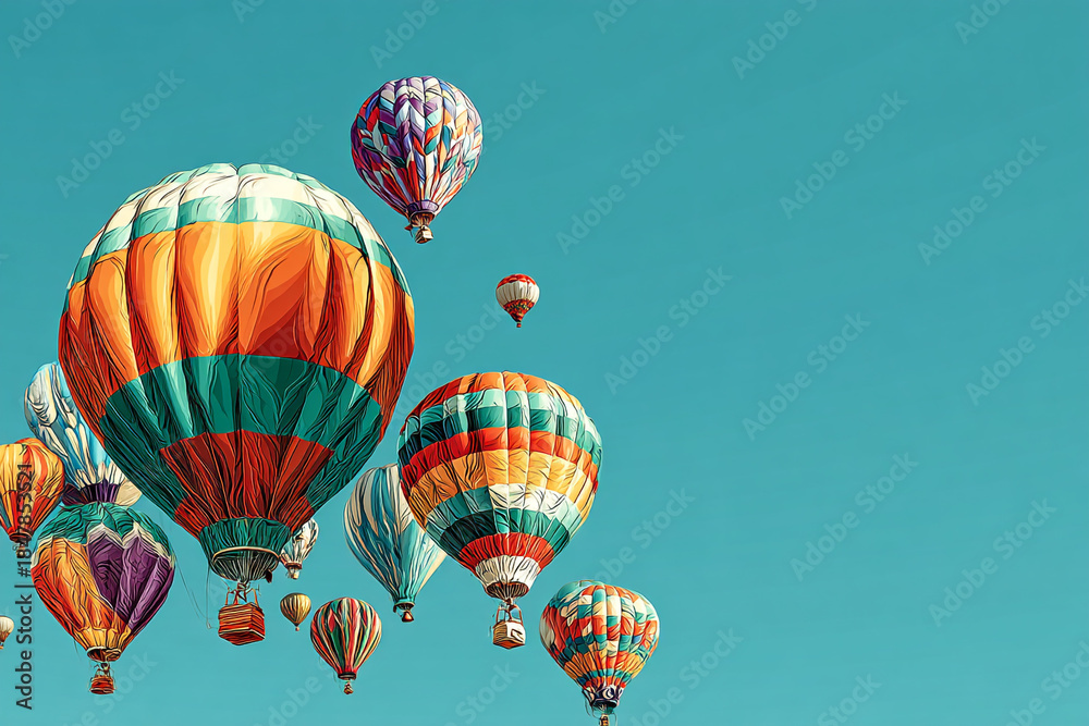 Obraz premium A vibrant flock of hot air balloons ascends into the clear blue sky showcasing their colorful patterns and adventurous spirit