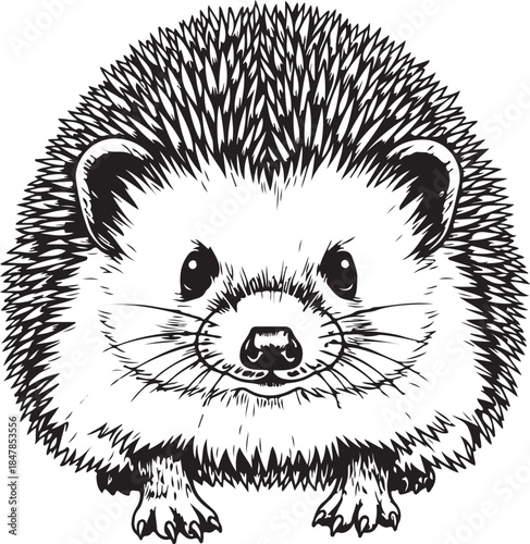 Hedgehog illustration, cute animal drawing, black and white line art, isolated on transparent background